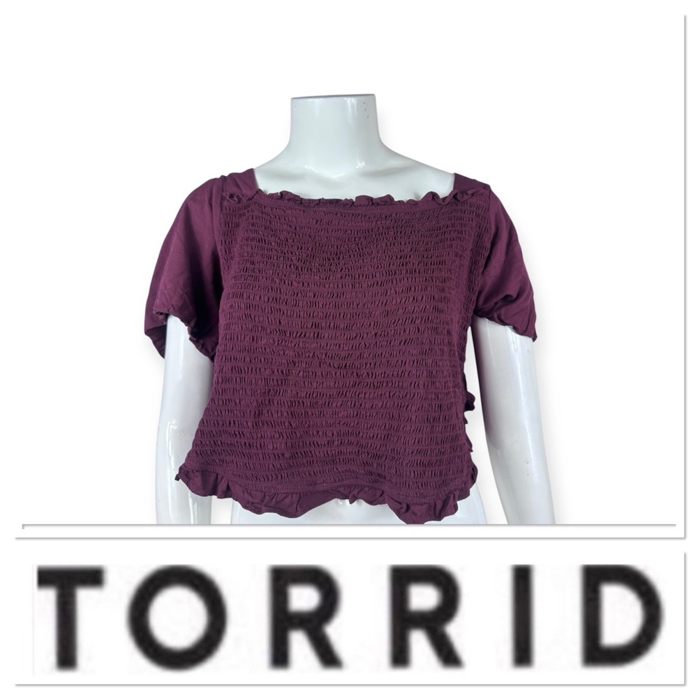 Torrid stretch challis burgundy mock puff sleeve crop top size 6-6X/30